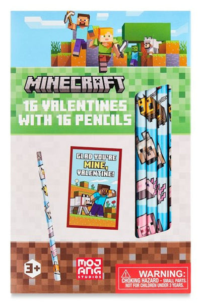 Minecraft 16 Valentines Cards with Pencils