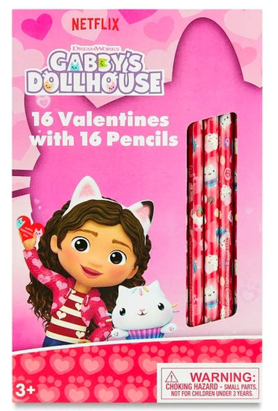 Gabby's Dollhouse 16 Valentines Cards with 16 Pencils