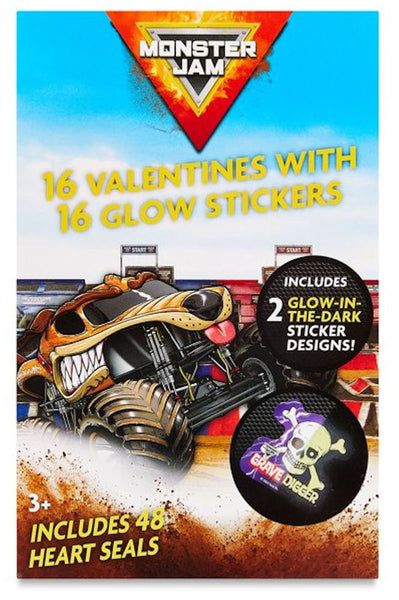 Monster Jam 16 Valentines Cards with 16 Glow Stickers