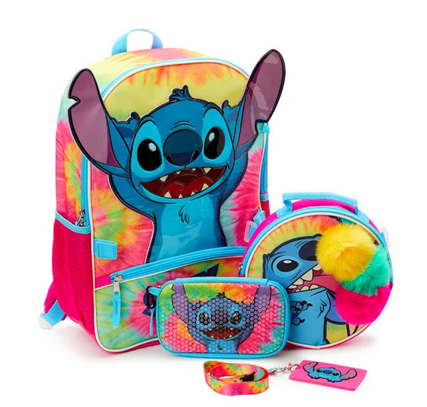 Disney Stitch Rainbow Tie Dye 17" Laptop Backpack and Lunch Tote 4 Piece Set